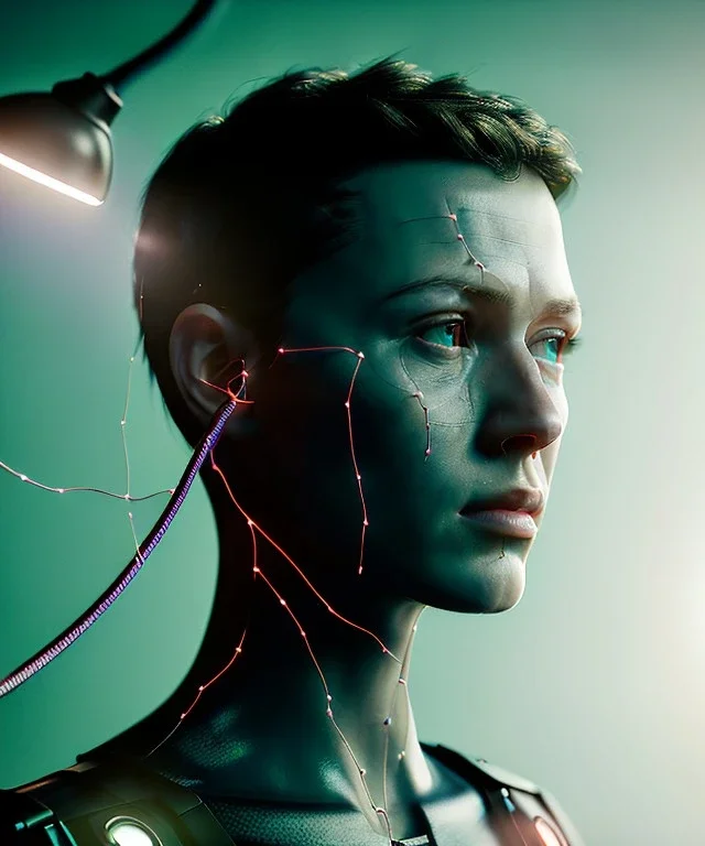 Ultra realistic photographic night portrait, cinematic, <irish woman> <hanging wires> <retro monitor> many wires coming out of the head <perfect pupil> <cyborg arm> <garage> <wide angle Shot> <sci-fi futuristic> <thriller>, led lights, color fog, soft color, highly detailed, unreal engine 5, ray tracing, RTX, lumen lighting, ultra detail, volumetric lighting, high definition.