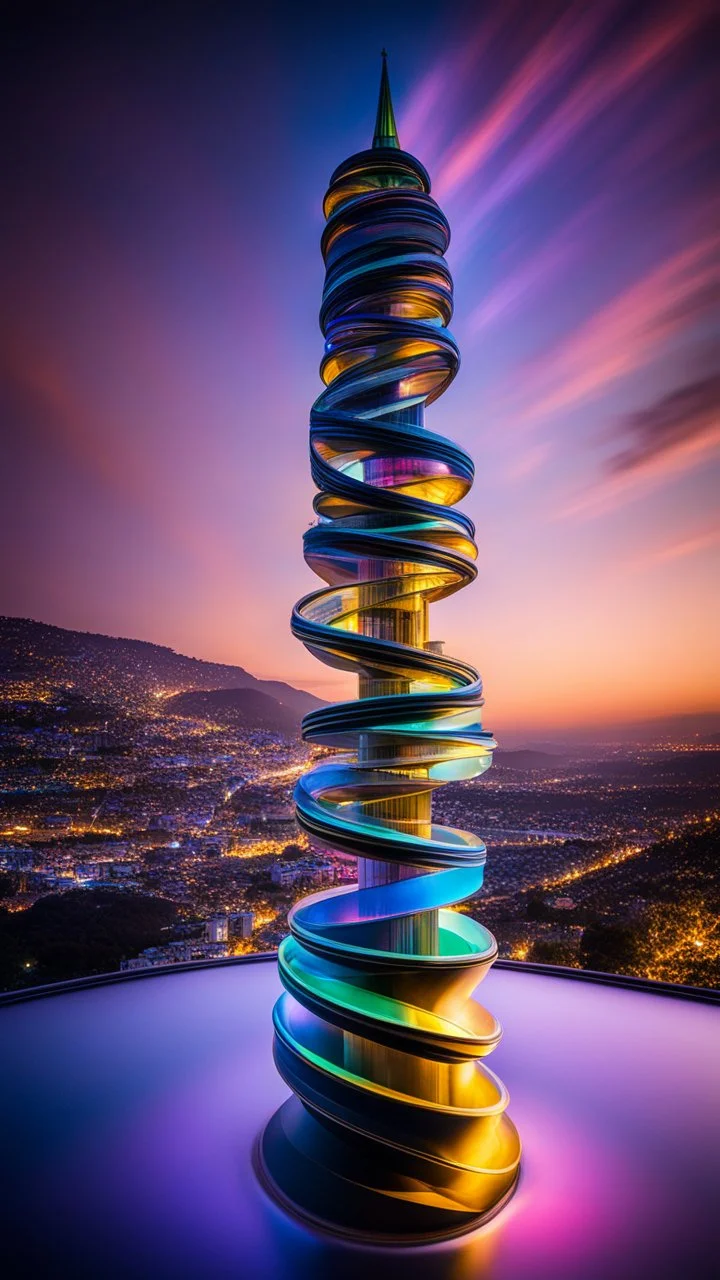 94625, delightful, sensitive, confident, iridescent double helix tower, delicate, nocturnal, architecture, award-winning photograph, beautiful composition, filled with beautiful detail, delicate colour, chiaroscuro