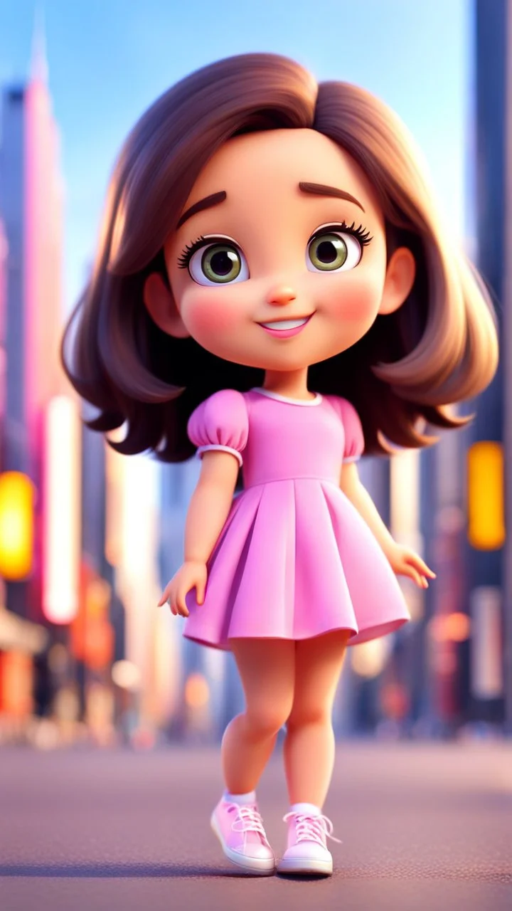 A beautiful, adorable cartoon little girl. curvy shiny hair, large sparkling eyes (like anime or Disney characters), a small face and delicate nose. A happy, innocent expression with a small smile standing in modern city open stage with prettyy shoes. Clean design, vibrant and warm colors, modern studio animation style, 4K quality.