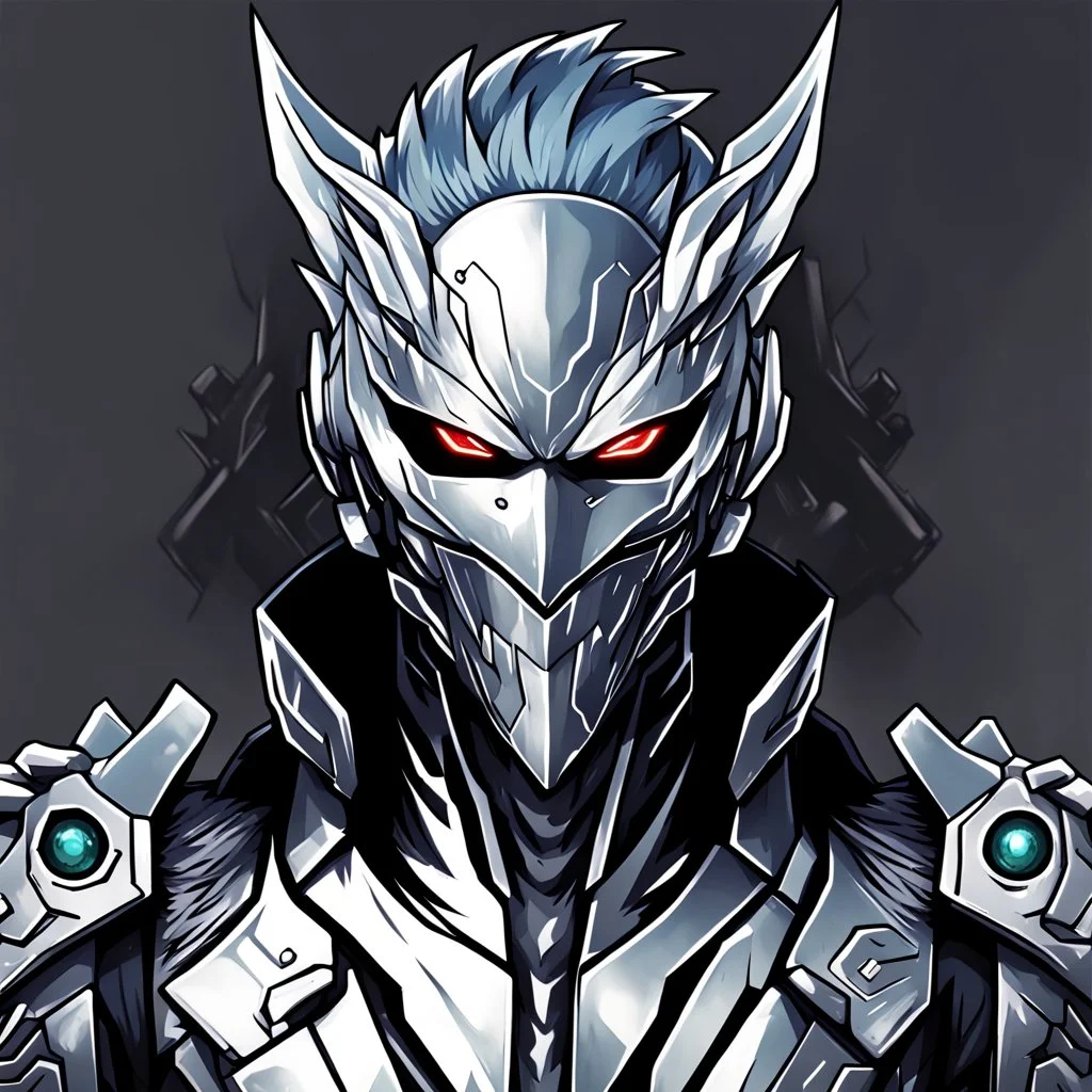 Logo silver skinned anime Dragman cyberpunk with dragon mask in his eyes