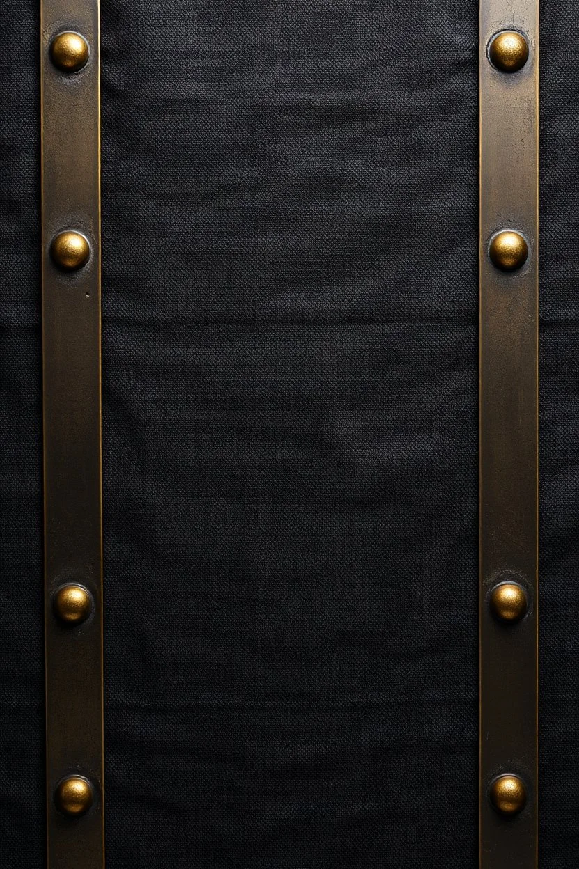 darker textured fabric background stretched between decorative brass metal strips riveted at both top and bottom