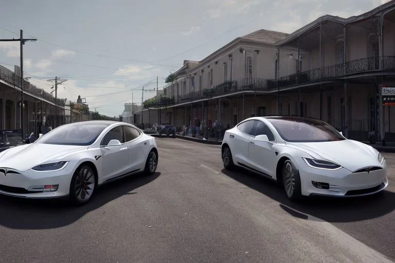 A Tesla 'Model S' is drifting at high speeds, on the streets of New Orleans. (CINEMATIC, WIDE ANGLE LENS, PHOTO REAL)