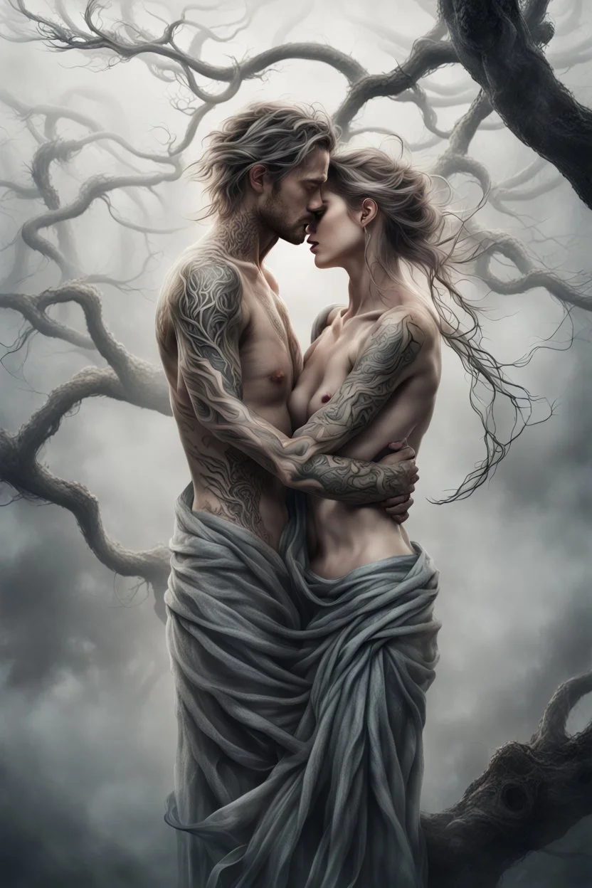 Multiple entanglements between a twisted thin piece of cloth as part of many twisted and spiraling branches disappearing into the distant mist, epic photo, 2 beautiful lovers are embracing, stunning tattoos that intwine with eachothers tattoos,sharp on highly detailed skin with wrinkles and high contrast, photorealistic, explosion of extacy,4K, 3D, realism, hyperrealism, detail, good lighting, detailed texture, modern photography style, 3D, 4D, 4K