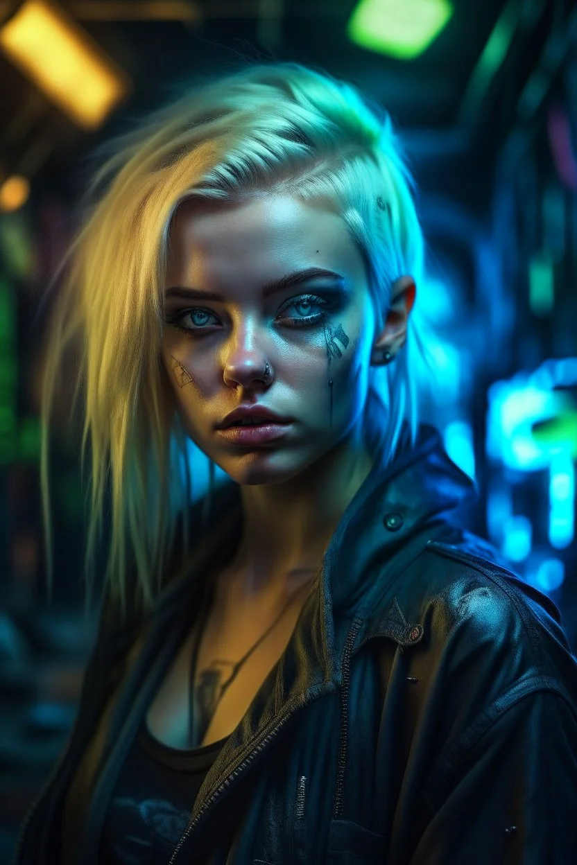 hyper real oil painting on canvass of blonde pierced cyberpunk Malkavian vampire portrait with clear blue-green eyes in moon light feeling in control in goth ruins patterned background, zeiss prime lens, bokeh like f/0.8, tilt-shift lens 8k, high detail, smooth render, down-light, unreal engine, prize winning