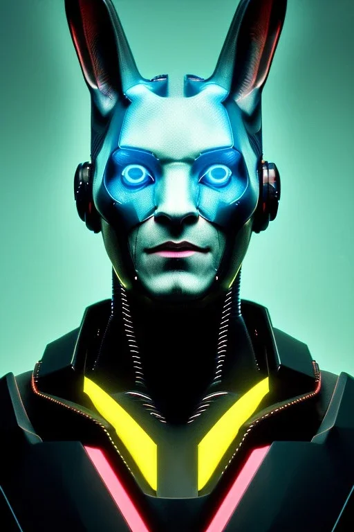 Medium Close Up Portrait, Front image. cyberpunk, rabbit mask, british man, black hair. latex suit. black, yellow, color. Ghost in the shell style. Color background, photo studio. Avatar image, highly detailed, concept art, smooth, unreal engine 5, god rays, ray tracing, RTX, lumen lighting, ultra detail, volumetric lighting, 3d, finely drawn, high definition, high resolution.