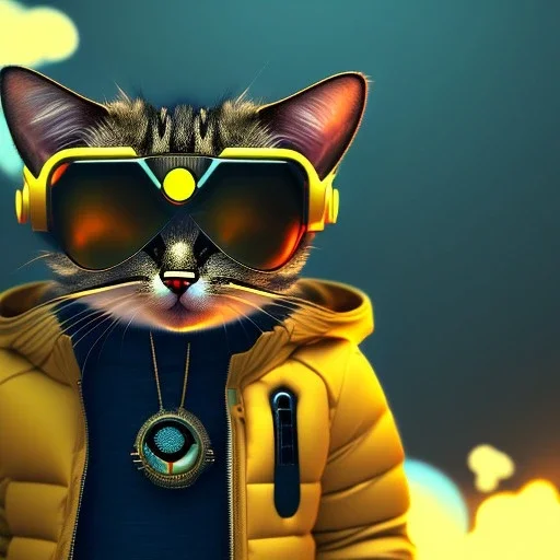 Cat toddler, steampunk headphone, sunglass, gangsta neckless, full body, yellow puffer jacket, tokio background, dramatic lighting, hyper realistic, unreal engine 5, 16k