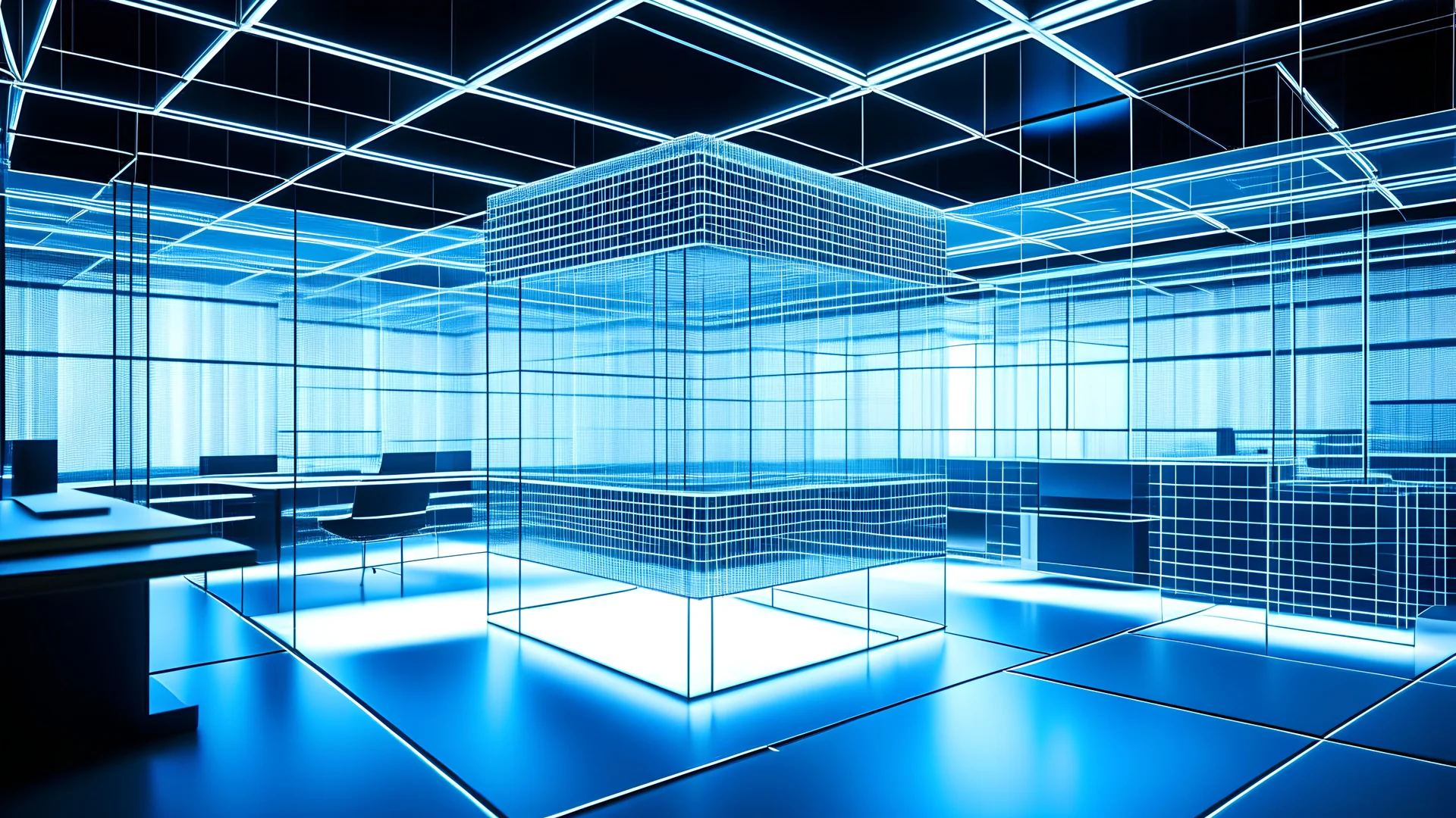 Capture the essence of a futuristic office in a visually striking image. Envision the subject as an office space rendered in a digital wireframe, with 3D cubes forming its structural elements. Ensure the style reflects that of futuristic photography, highlighting the sleek and modern aspects of the space. Aim for a composition that seamlessly blends the digital wireframe with the three-dimensional cubes, creating a captivating and forward-looking visual representation of an office environment.