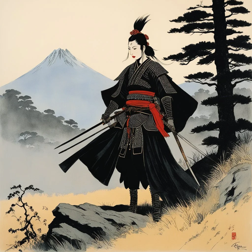 René Gruau's Nomadic samurai female creature at the edge of the wood