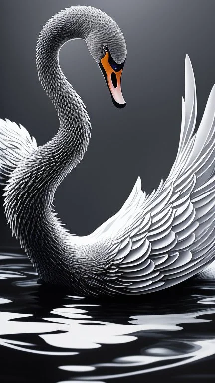 3d paper cut illustration on grey background, cool swan face creature in a lake with dynamic and vibrant designs, edgy and modern, layering, deep shadows of vector layers, intricated details