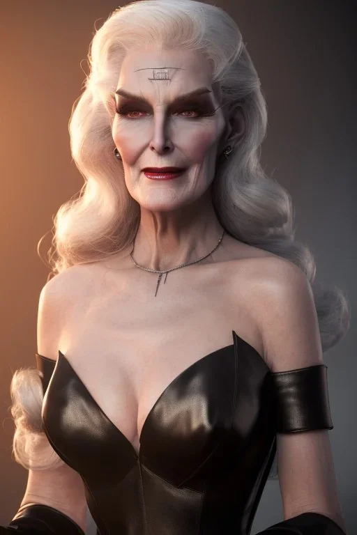 Carmen Dell`orifice as evil queen in black leather gown, angry, busty, curvey, cleavage, unreal 5, octane render,cinema4d, dynamic lighting, dramatic lighting, 4k, redshift render, highly detailed, hyper realistic