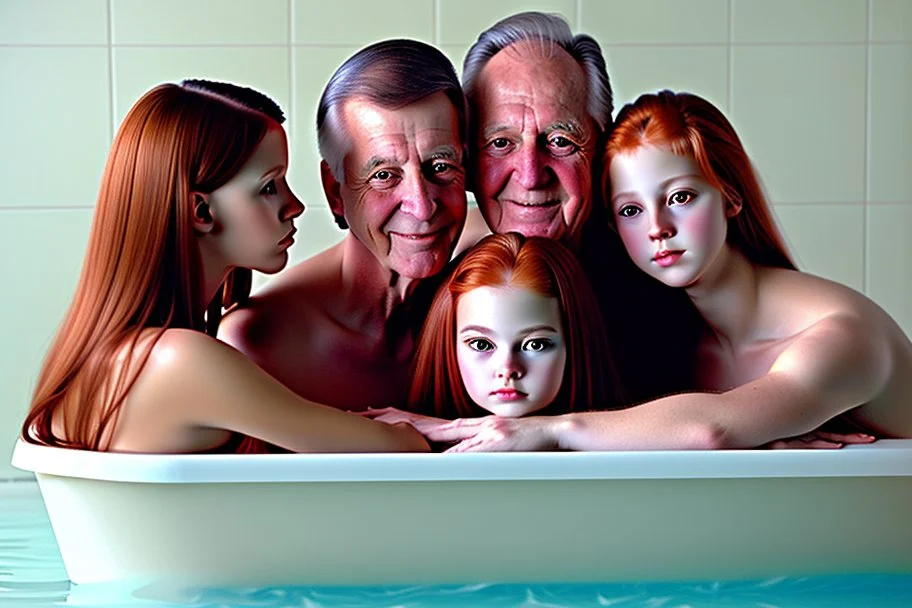 digital art of beautiful young auburn hair teenage girls with dad in the bedroom in a bathtub with grandpa hugging bare lips