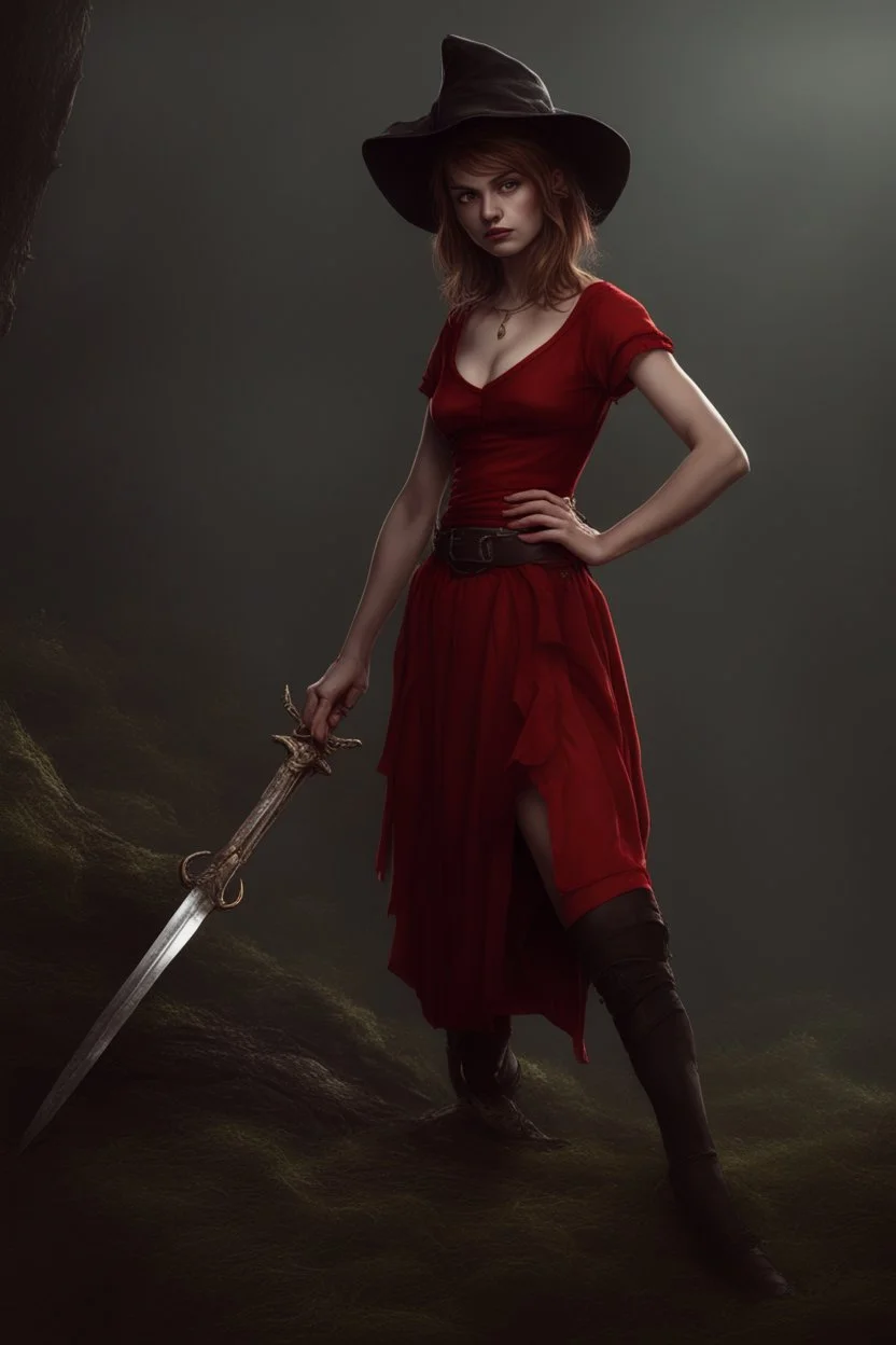 a young witch in a red low-cut short skirt, with a sword in one hand, photorealistic, delicate detail.