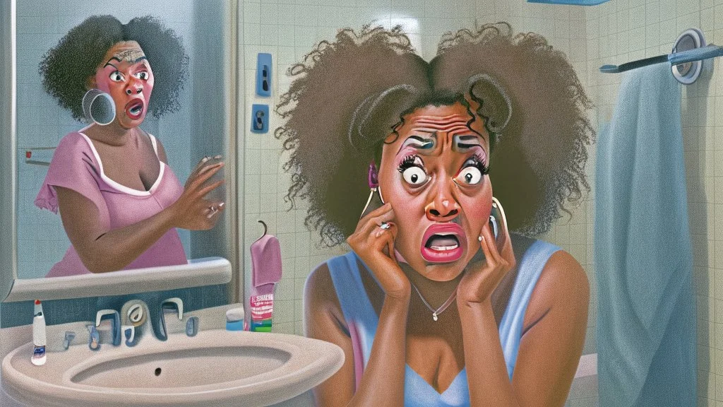 confused black lady on the phone in the bathroom near sink