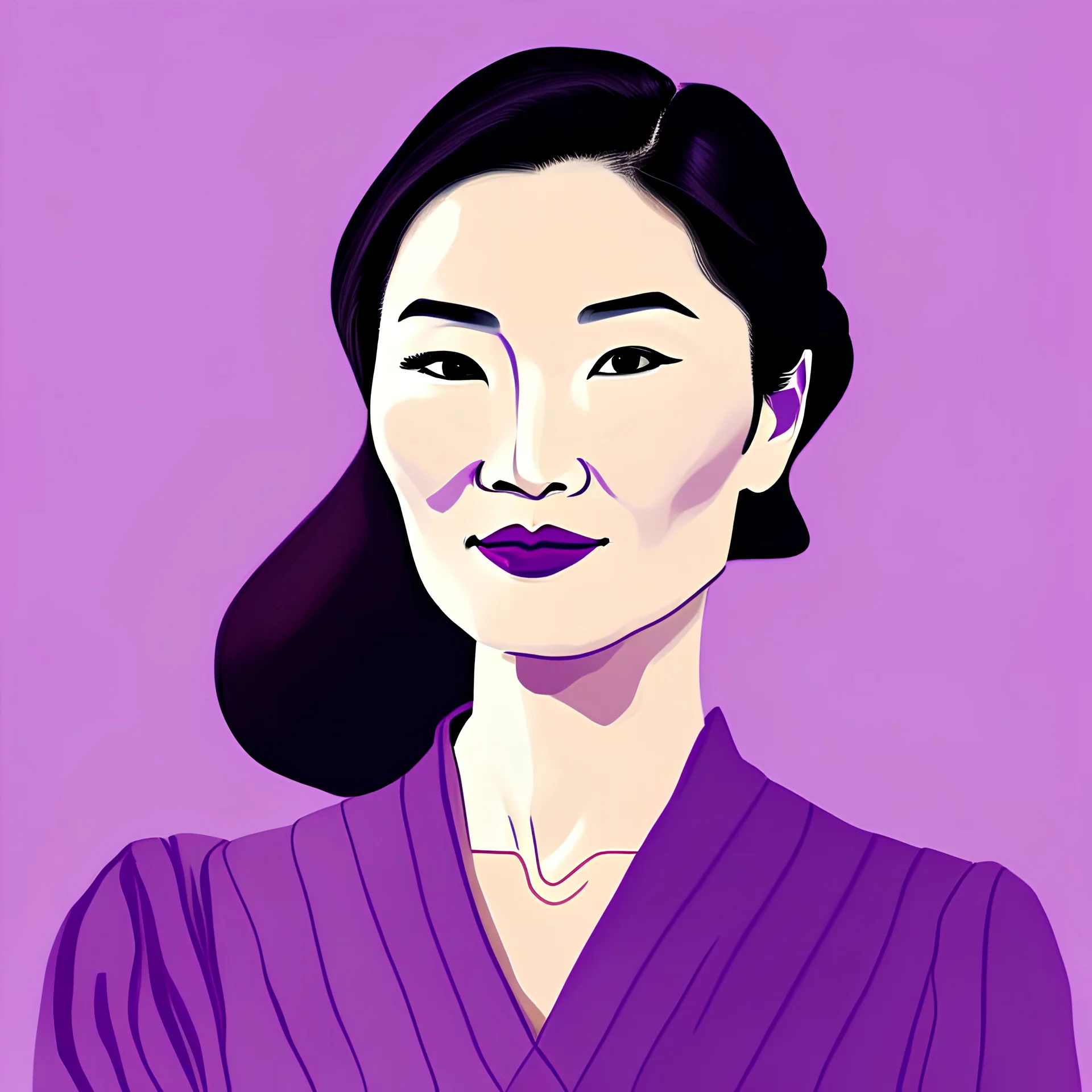 2d Illustration of a 33 year old beautiful Chinese woman, front view, flat single color saturated purple background