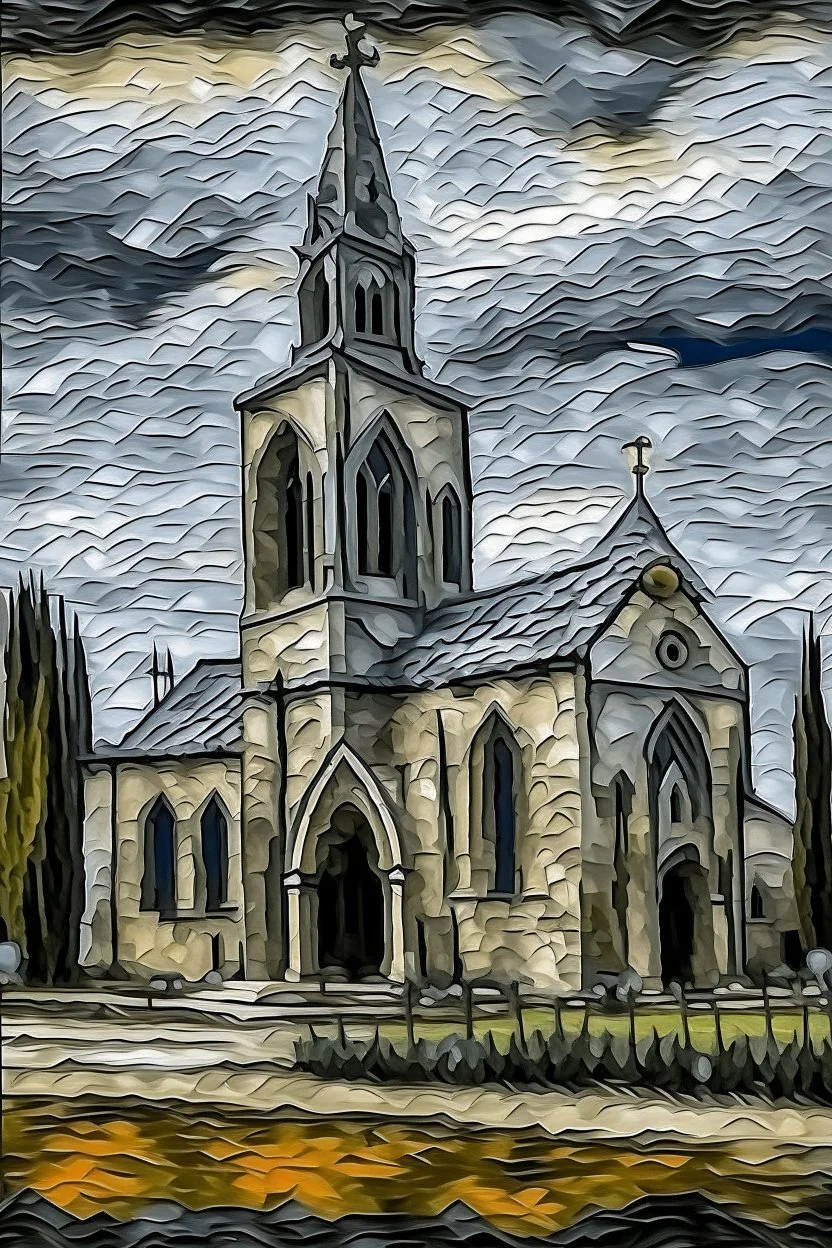 A gray monastery made out if steel painted by Vincent van Gogh