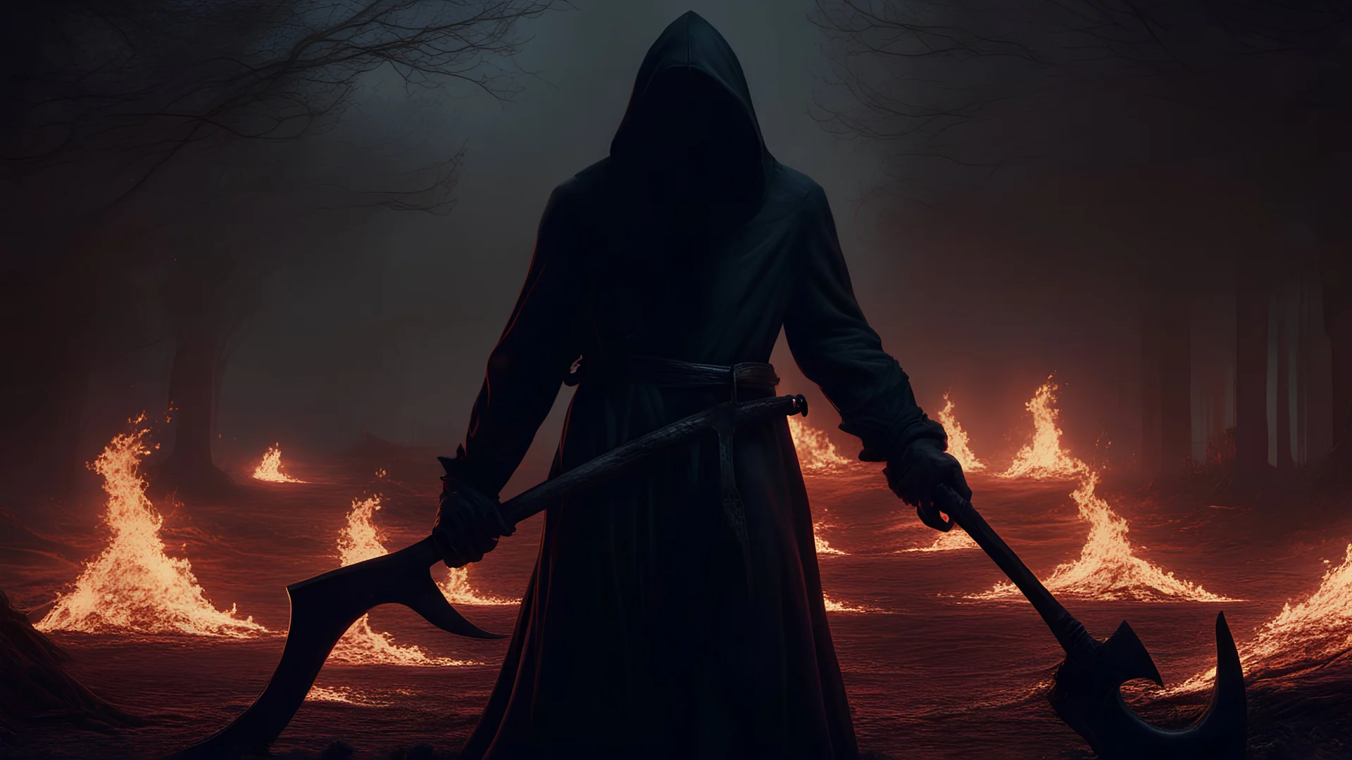 a black hooded faceless monster in hells graveyard, holding a scythe, reaper, amazing fire art, ray tracing, realistic fire sharp focus, long shot, 8 k resolution, cinematic