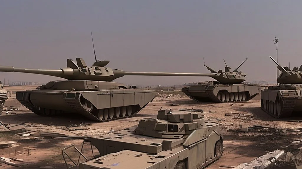 Israeli soldiers and tanks stand on a very large chessboard in the middle of a destroyed city