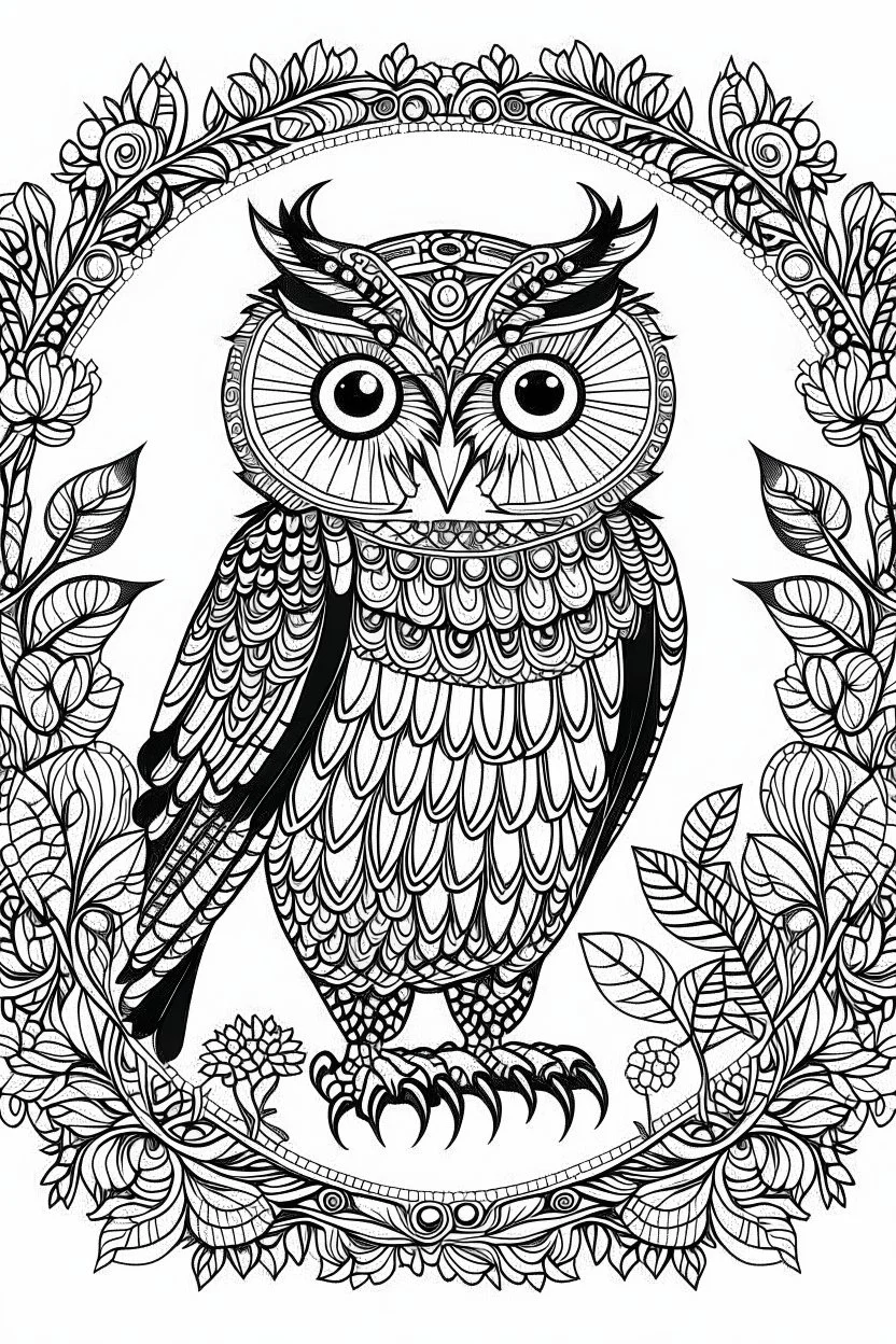 a wise owl in a charming European woodland, clean line art, monochrome, for kids coloring book