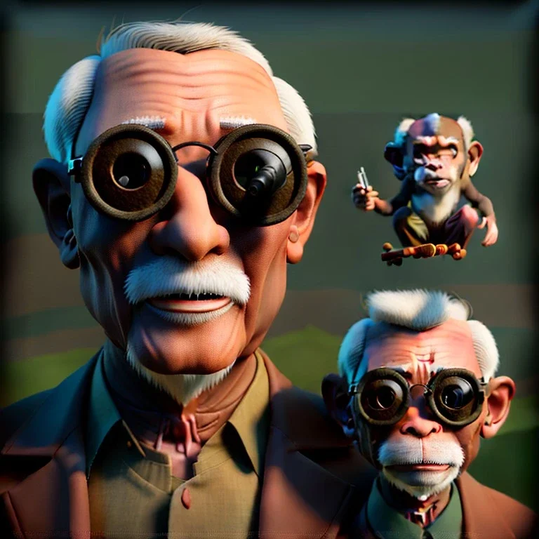 Portrait, American shot view, old Asian man + little monkey, cabaret scene, steampunk. Sunglasses, smoking, happy, hot. Many people background, highly detailed, concept art, unreal engine 5, god rays, ray tracing, RTX, lumen lighting, ultra detail, volumetric lighting, 3d, finely drawn, high definition, high resolution.