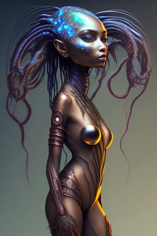 gorgeous female humanoid alien, stepping out of darkness, looking over shoulder, tentacles, copper zinc orichalcum jewelry and piercings, beautiful face, mesmerizing starry eyes, smooth translucent skin.