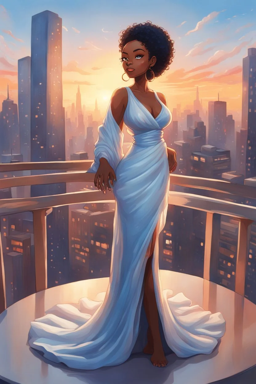 The scene opens onto a serene balcony overlooking a bustling city skyline. The sky above is painted in soft hues of blue and orange as the sun begins its descent, casting a warm glow over everything it touches. In the foreground stands a captivating figure, airbrush chibi cartoon curvy black woman exuding confidence and elegance. She is adorned in a flowing white knit maxi dress that hugs her curves in all the right places, accentuating her silhouette. Her choice of footwear is equally stunning