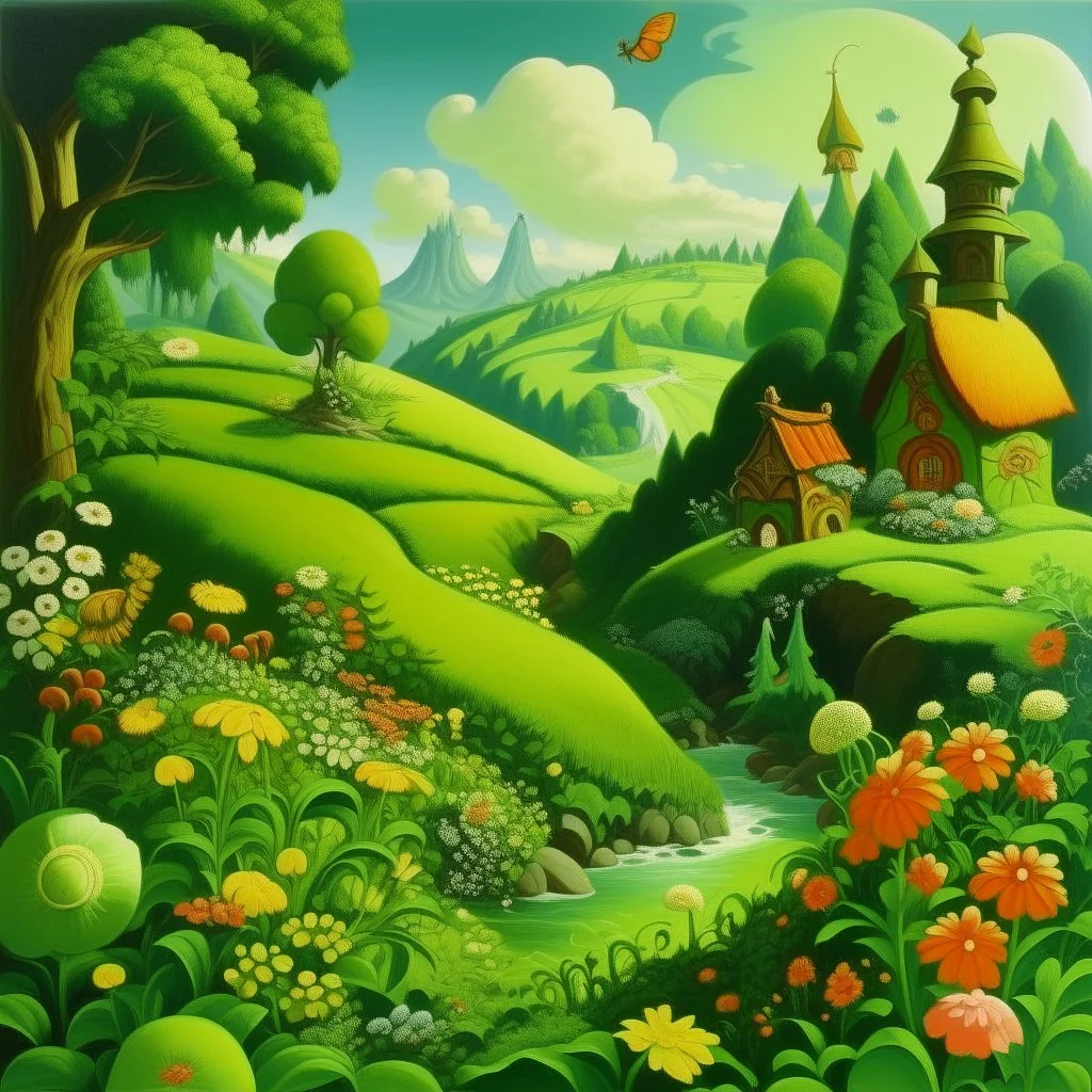A green fairy kingdom with flowers painted by Thomas Hart Benton