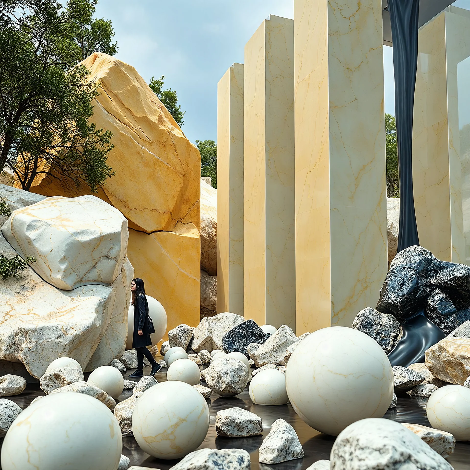 Un'immagine di un paesaggio naturale con marmi gialli imponenti accanto a strutture artificiali verticali e alberi. Queste strutture sembrano blocchi rettangolari riflettenti, come colonne di vetro, che creano un contrasto tra il naturale e l'artificiale. Gabbia brutalista si erge solitaria. Persona osserva. bianco con venature e solchi. Magma liquido nero. La scena trasmette un senso di sospensione e dialogo tra elementi organici. Dettagli degli specchi e delle rocce molto accentuati. Sfere