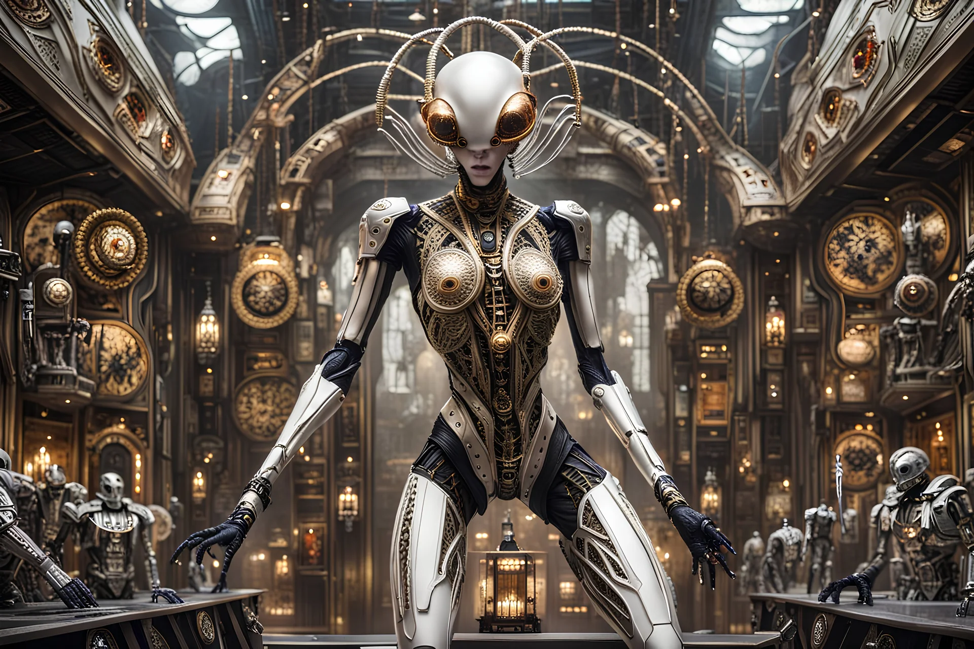 Mind Bending View.Dynamic Action Pose.Hyperrealistic,Dark sci-fi theme, alien shop dominates foreground, A gothic Art Deco biomechanical entity reminiscent of a punky, white lace plastic pattern, voodoo, robot-inspired, geisha shaman absorbed in soft golden and shimmering silver hues,biomechanichal nanobot mutated silver polish ladybug, smoky laser dreadlocks and pikes diods x-ray haircut, Gustav Klimt-inspired dress, porcelai. Rule of Thirds , Blurred Background , 135 Focus