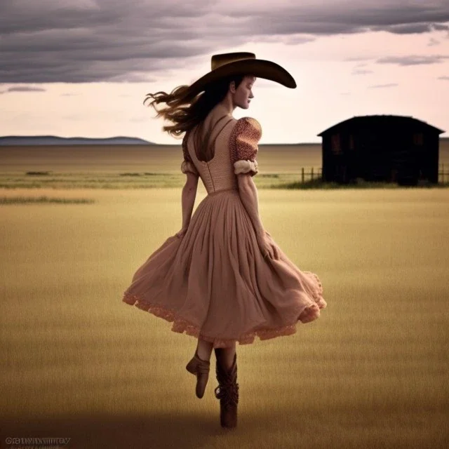 A lonesome cowboy in a ballerina dress is dancing in the prairie