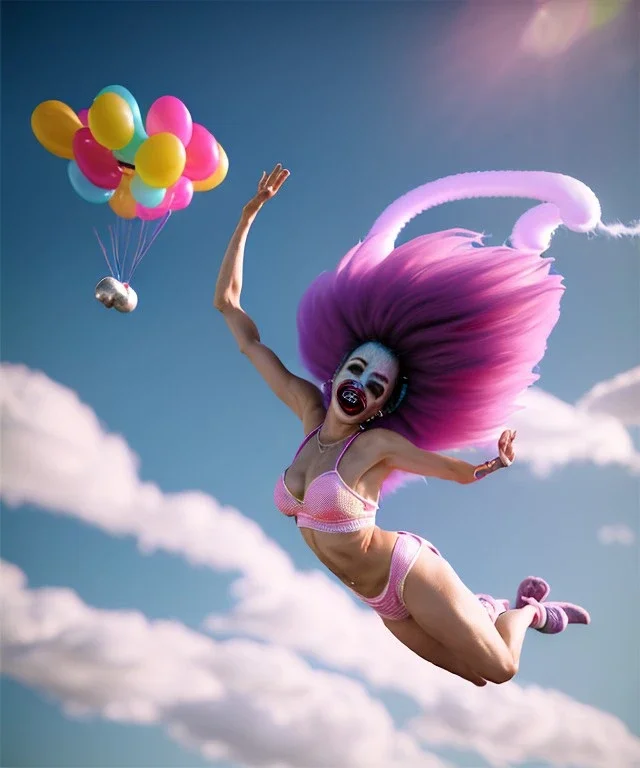 Ultra realistic speed clouds sky scene, wide angle view, sweet women falling down, feather inflatable color clothing, free jumping flying, many trinkets, hair monster, many jelly beans, balls, color smoke, smile, happy, circus style, extreme, wind, clouds sea, 20,000 feet altitude, stratosphere, soft color, highly detailed, unreal engine 5, ray tracing, RTX, lumen lighting, ultra detail, volumetric lighting, 3d, finely drawn, high definition, high resolution.