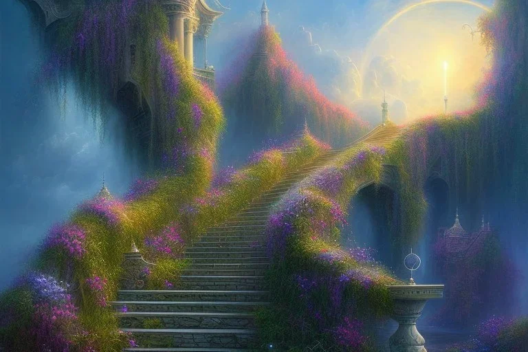 long stairway up to heaven, atmospheric, mystical, beautiful colours, romanticism, fantasy, Neo-Impressionism