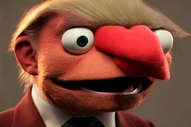 Angry muppet trump with no nose in suit, no tongue, looking forward, face, round puffball nose, eyebrows