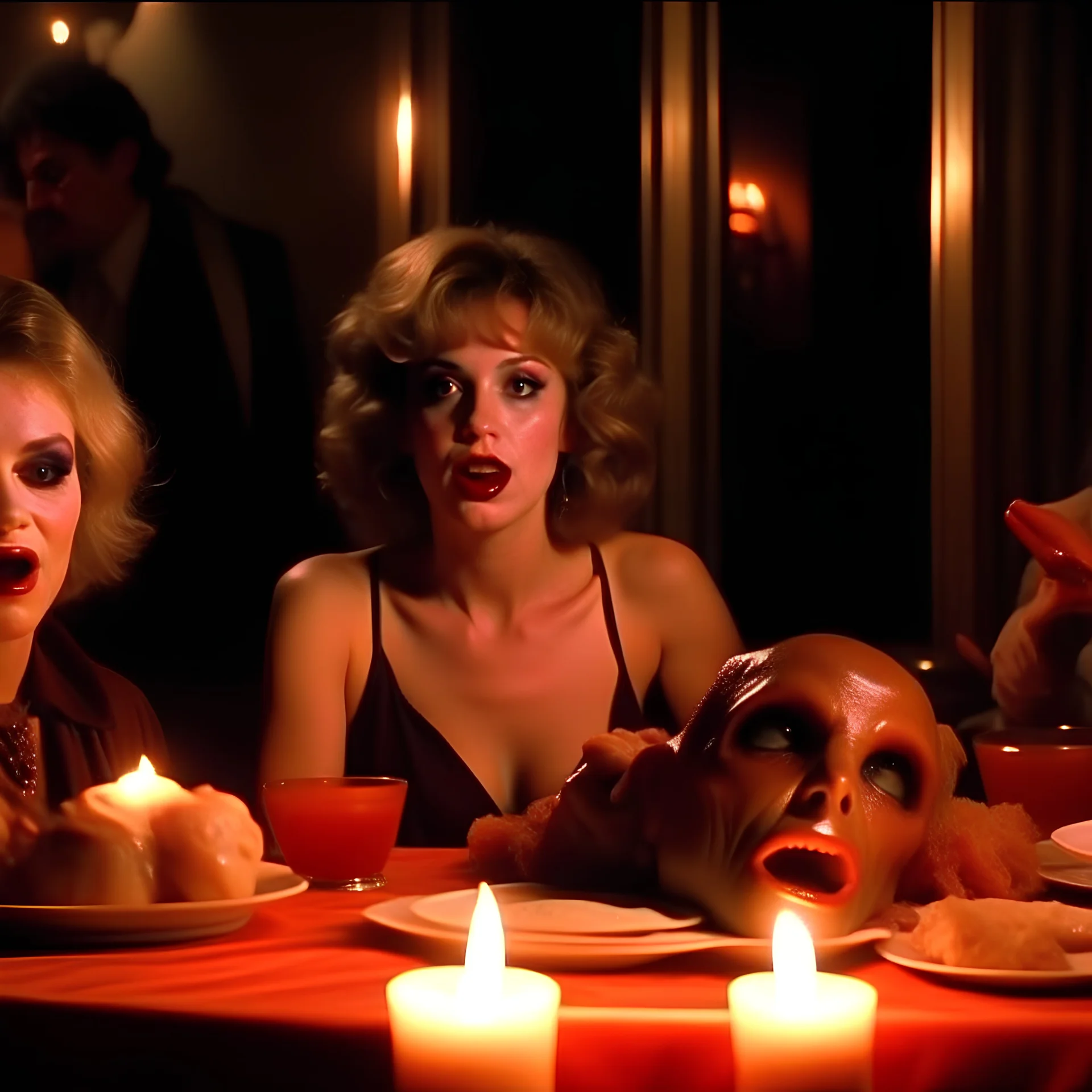 Spooky, ultra realistic, distress, dining, ultra realistic hot woman, pieces of meat, creepy, organic ail dynamic, anguish, excited and lively scene, hot women, hypermaximalist figures, creepy, Alfred Hitchcock, Sam Raimi, sinister, John Carpenter, Dario Argento, ornate