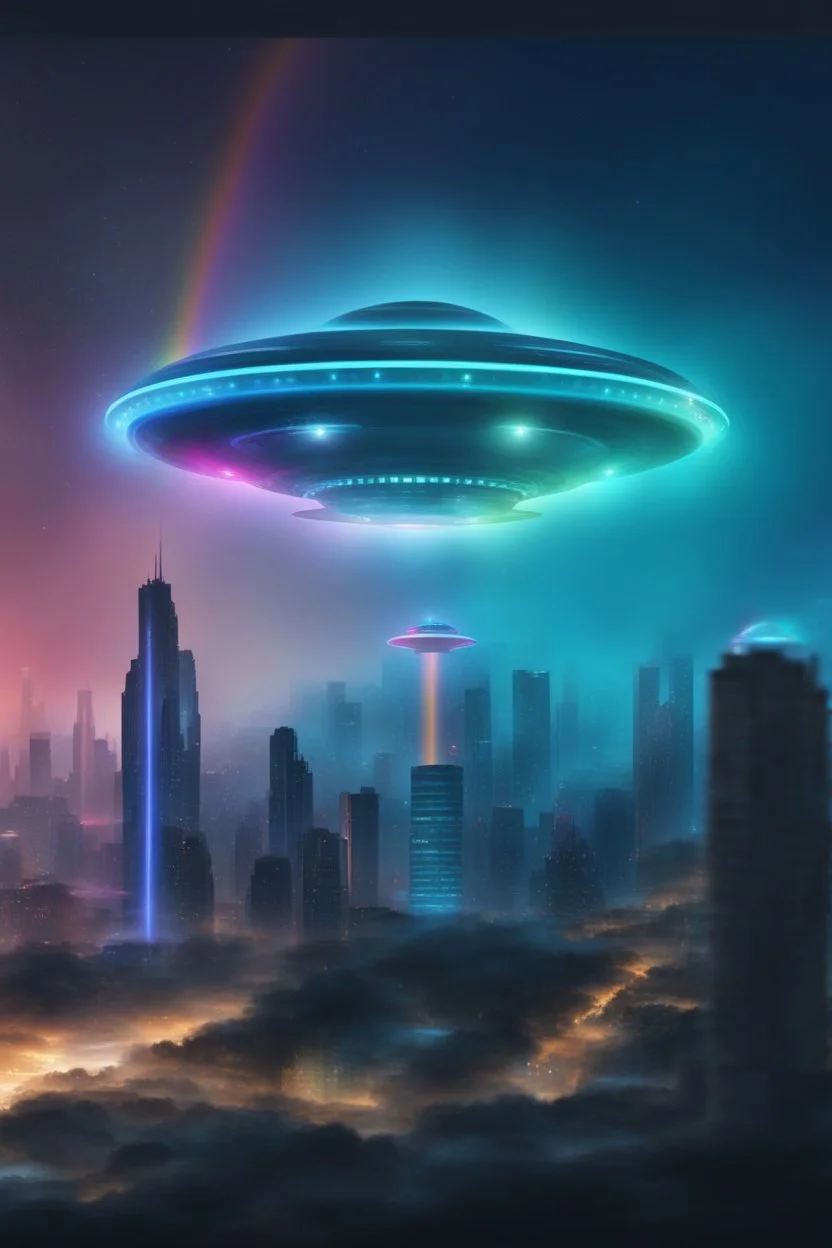 ufo rainbow, cité très futuriste ultra moderne, ufos fleet, intergalactic,angels