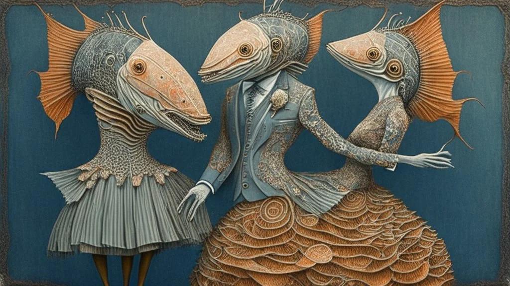 "The Salmon Dance" depicts a Couple with giant salmon heads in formal dance wear that is intricately detailed with quilling from things found in nature; surrealism; Ben Templesmith