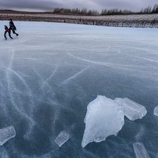 HEDGHOG ice-skating on a frozen pond in the countryside