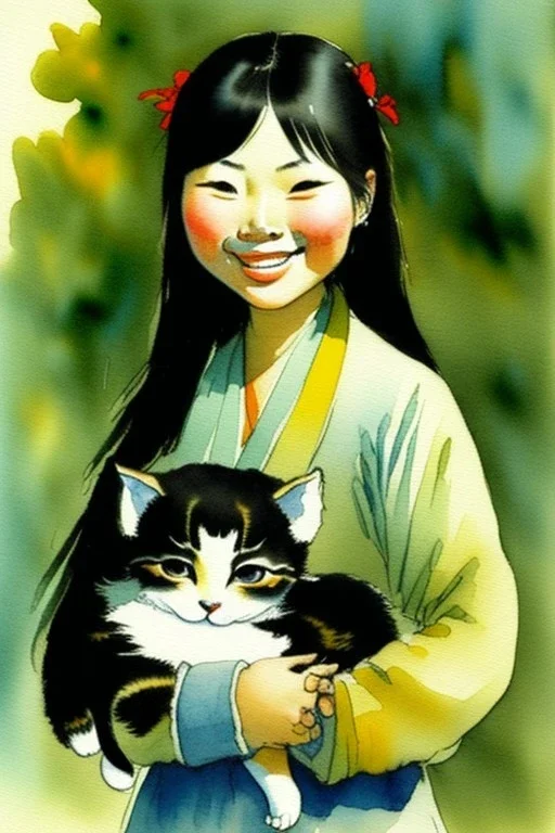 A cute smiling asian girl is holding a kitten. Watercolour