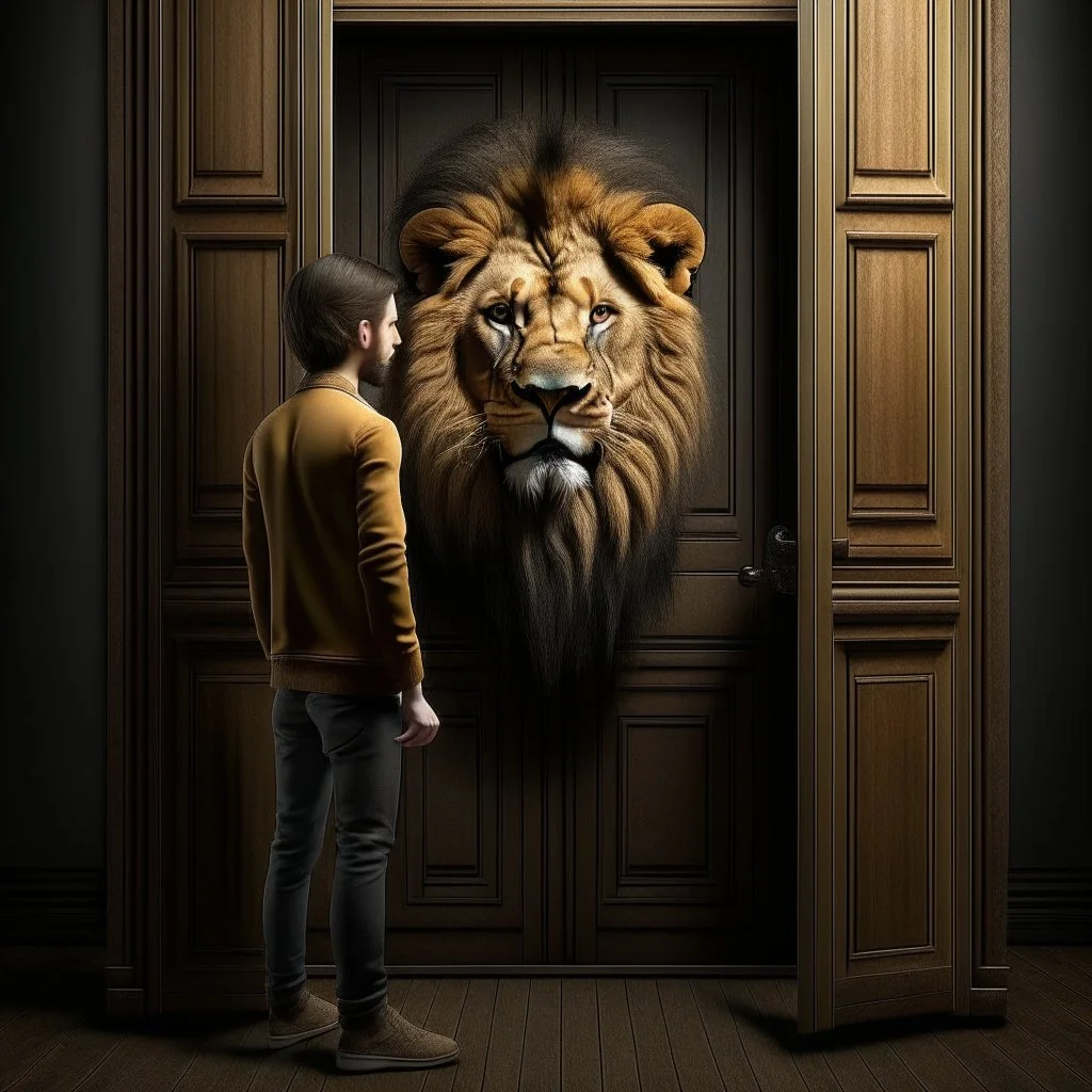 A young man enters a door and from the other side comes out a half-human, half-lion