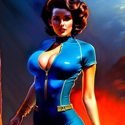 Drawing of beautiful face,'beautiful,Busty fit Sexy Vault Woman- Fallout 4 ',intense stare, ancient blue skintight suit, balanciaga fashion clothe painting by gaston bussiere, greg rutkowski, yoji shinkawa, yoshitaka amano, tsutomu nihei, donato giancola, tim hildebrandt,KyuYong Eom,Ren Wei Pan Oil on canvas, cinematic composition, extreme detail,fit full head inside picture,16k