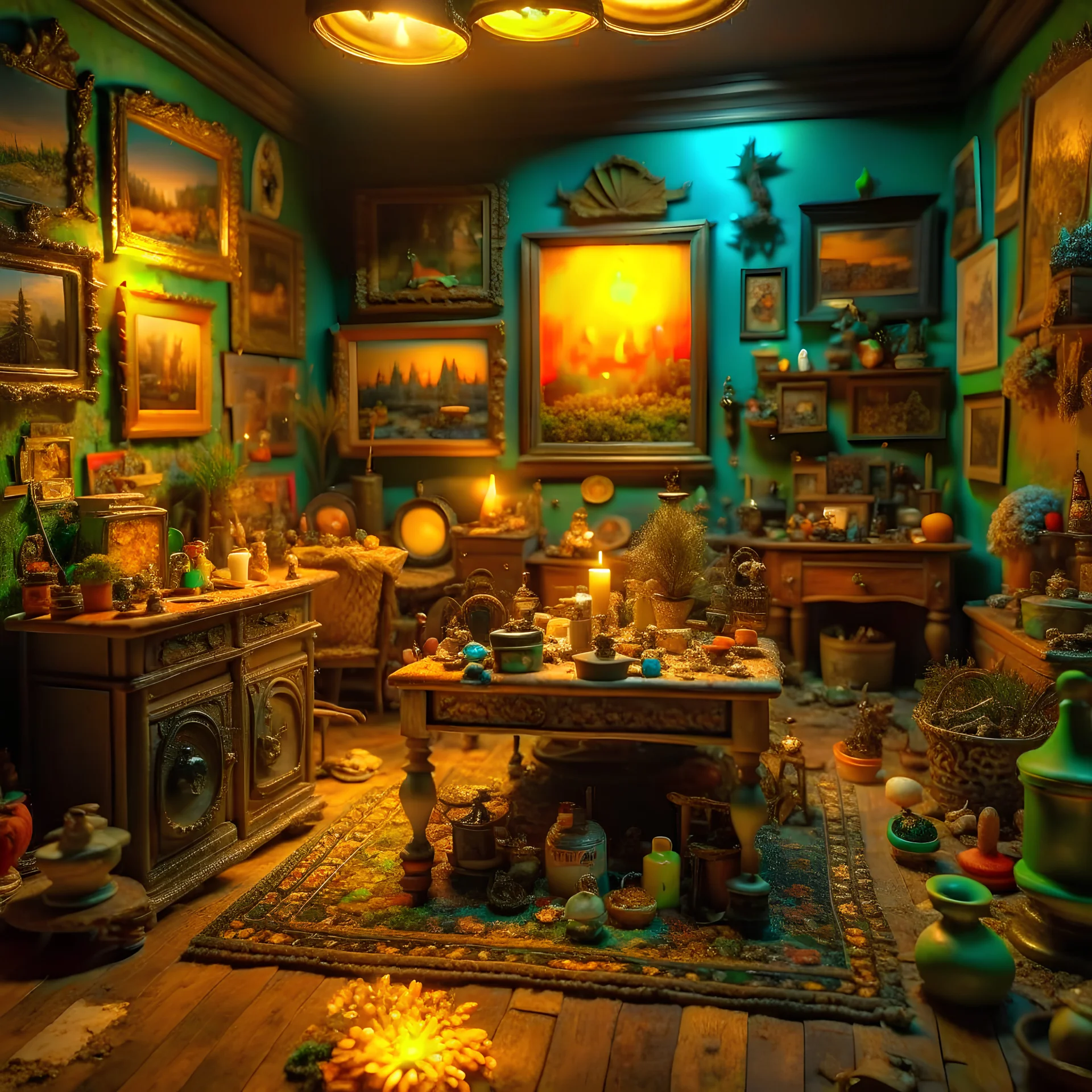 Diorama of old stuff in a room, sharp focus, 8k, 3d, very detailed, volumetric light, grim, fine art, very colorful, ornate, 35mm, F/2.8, insanely detailed and intricate, hypermaximalist, super detailed, decadent