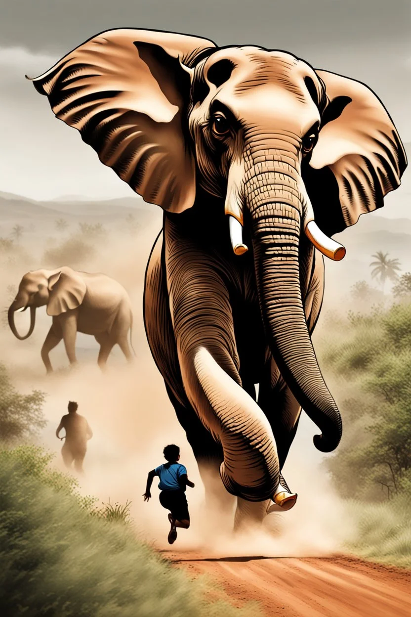 An astraunot is running away franticly from a chasing elephant