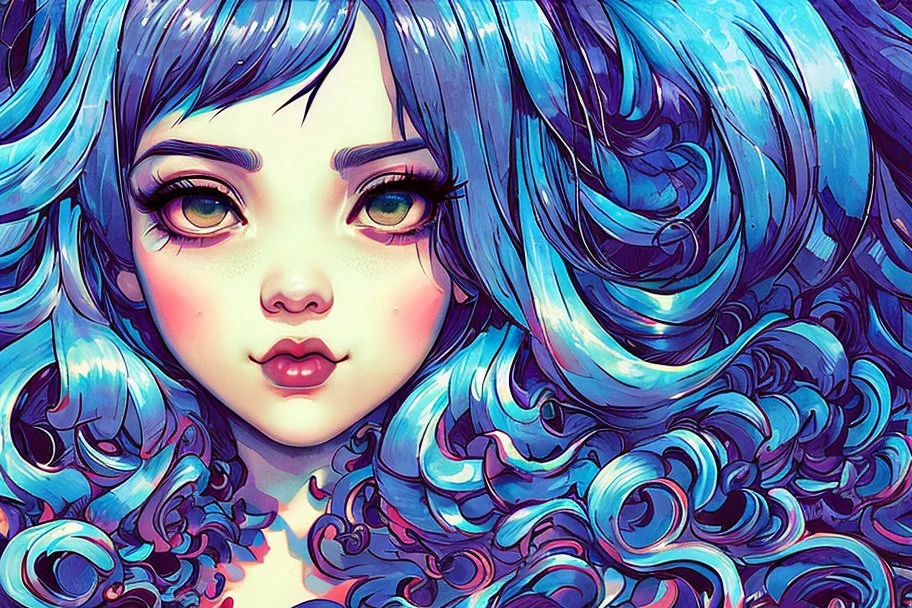 singer Melanie Martinez face, beautiful cyberpunk huge girl, hyperdetailed, illustration by Katsushika Hokusai, darkblue tones,