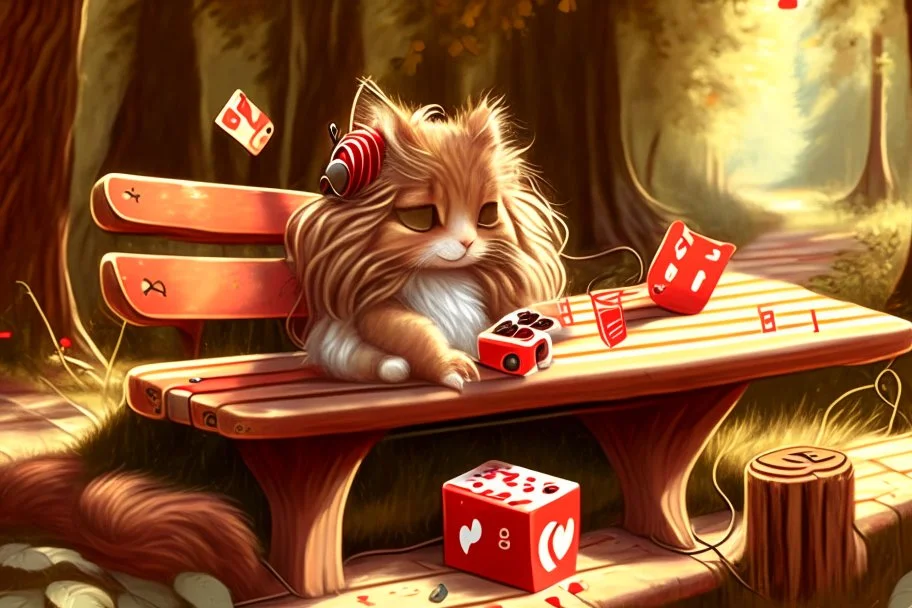 a contented long-haired cute beige kitten with big headphones on its head sits on a red bench in the woods, musical notes emanating dynamically from the headphones, mice sitting in front of the bench playing cards in the sunshine