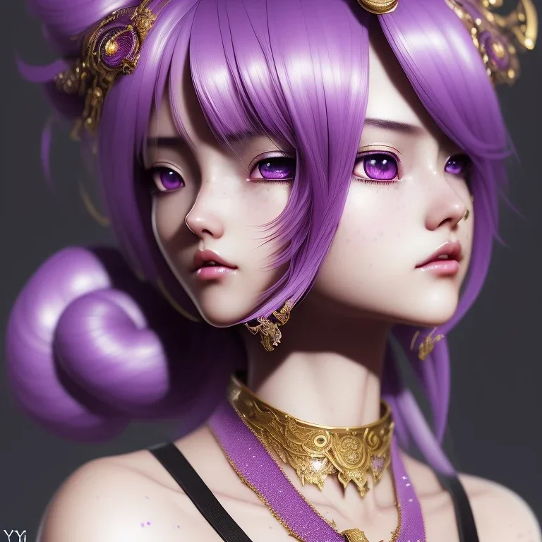 Detailed cute anime girl, purple hair buns, purple bangs, black latex bodysuit, intricate details, full body portrait, keep head in frame, slight smile, black Japanese motif, concept art, highly detailed, digital painting, concept art, sharp focus, illustration, art by Yoji Shinkawa, WLOP and greg rutkowski and alphonse mucha and artgerm and yanjun Chen and Junji ito and Makoto Shinkai, HDR, octane render