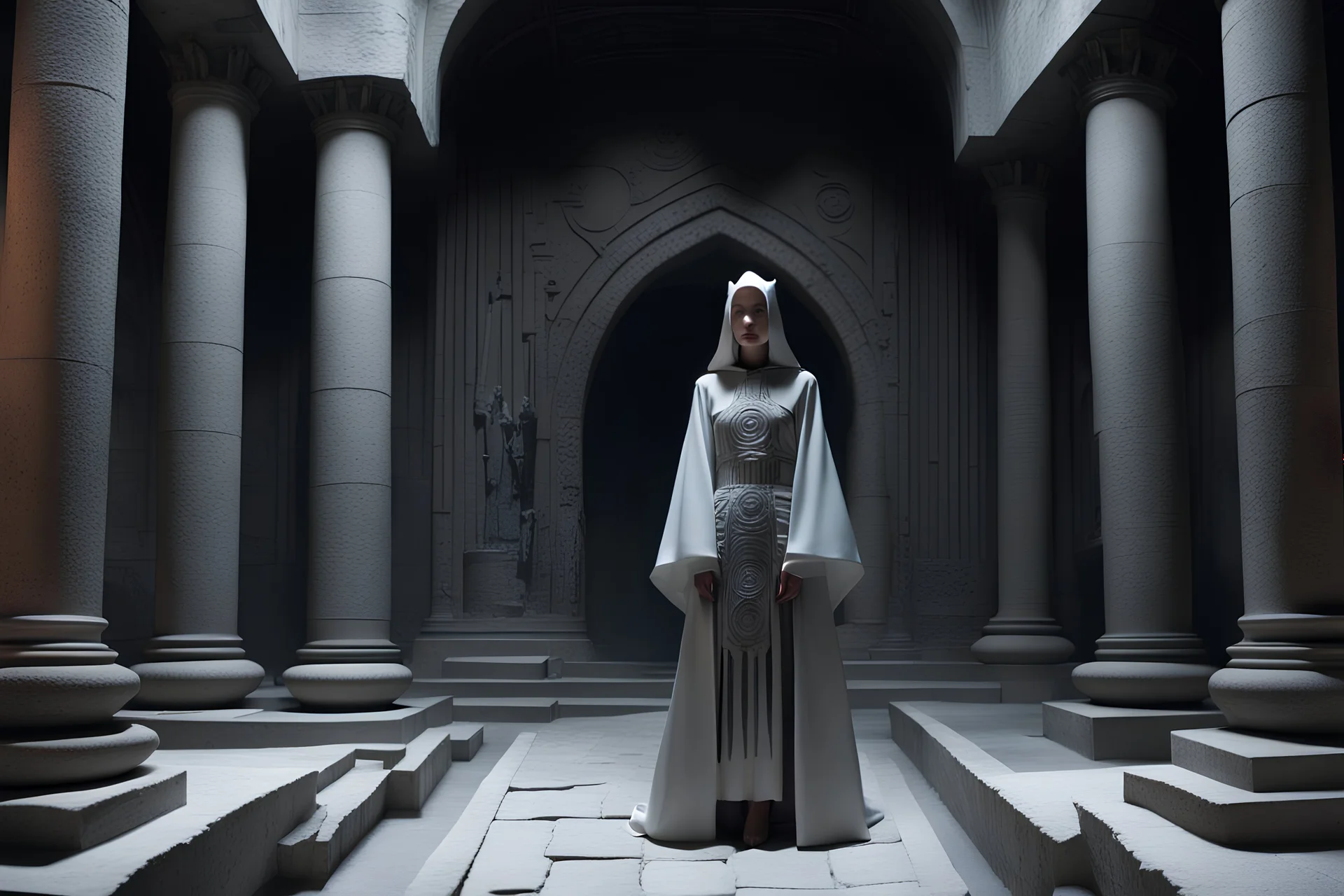 4K Xue Wang-Balenciaga style, young Parcival with holy Graal, Avant-garde futuristic Medieval cyber fashion, talks to Council in ancient Stone Armenia temple Austrian Symbolism, arcane atmosphere, Veermer-Louise Nevelson Ancient misty Art, by Mario Bava movie