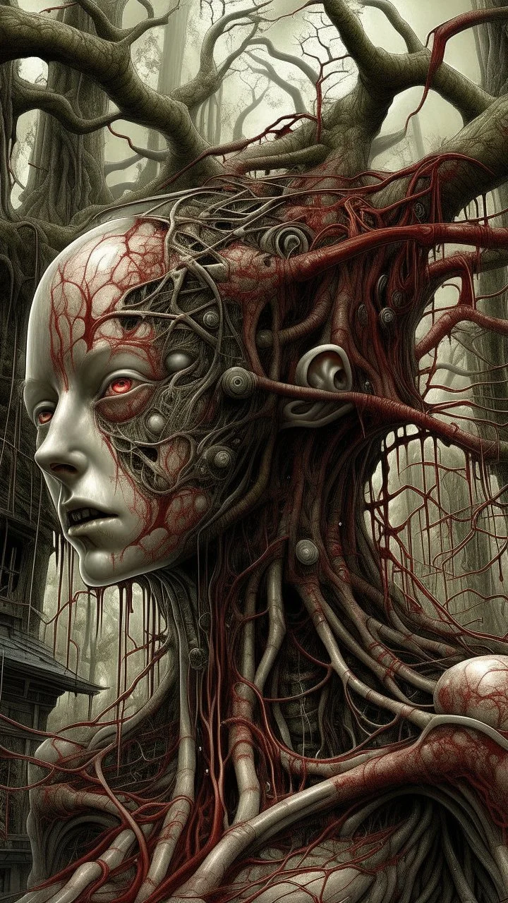 Quintessential Horror Surrealism:A woman Gothic cyber-surreal figure's form undergoes catastrophic dimensional fission through Seedream 3D recursive rendering, fracturing into chaos Legion Doodle simultaneous nightmare realities while simultaneously occupying four perforated reality levels—manifests as a blood-drenched forest where trees weep crimson sap and bioluminescent fungi pulse with recursive Fibonacci patterns, surrounded by carnivorous flowers with fanged mouths dripping neon venom; mat