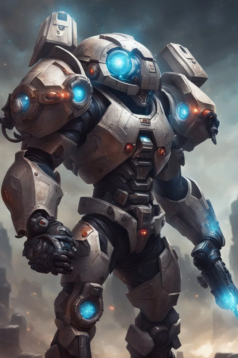 futuristic juggernaut with dual plasma battle axe and 4 plasma canon in the back