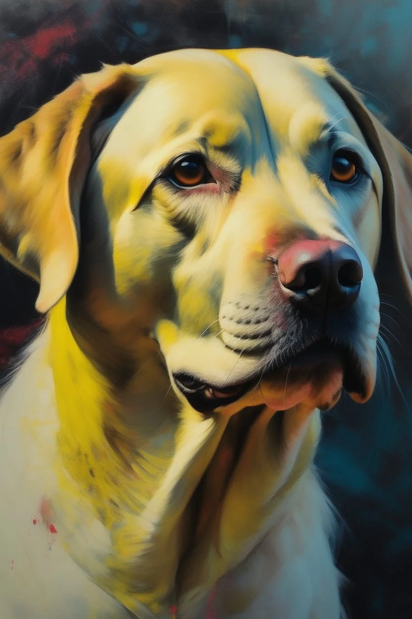 Portrait of a yellow Labrador in the style of mark adlington, chalk, pastel