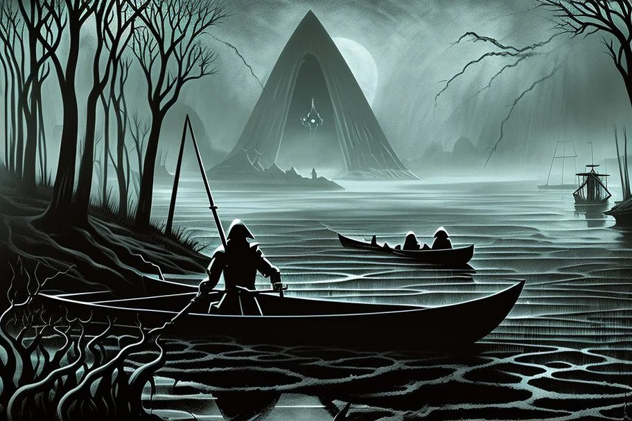 on the dark river in a boat the crepy boatman is the death goes for the souls of the dead people, surreal style, dark colors, strange landscape, detailed, sinister, depressive, surreal style crepy stunning