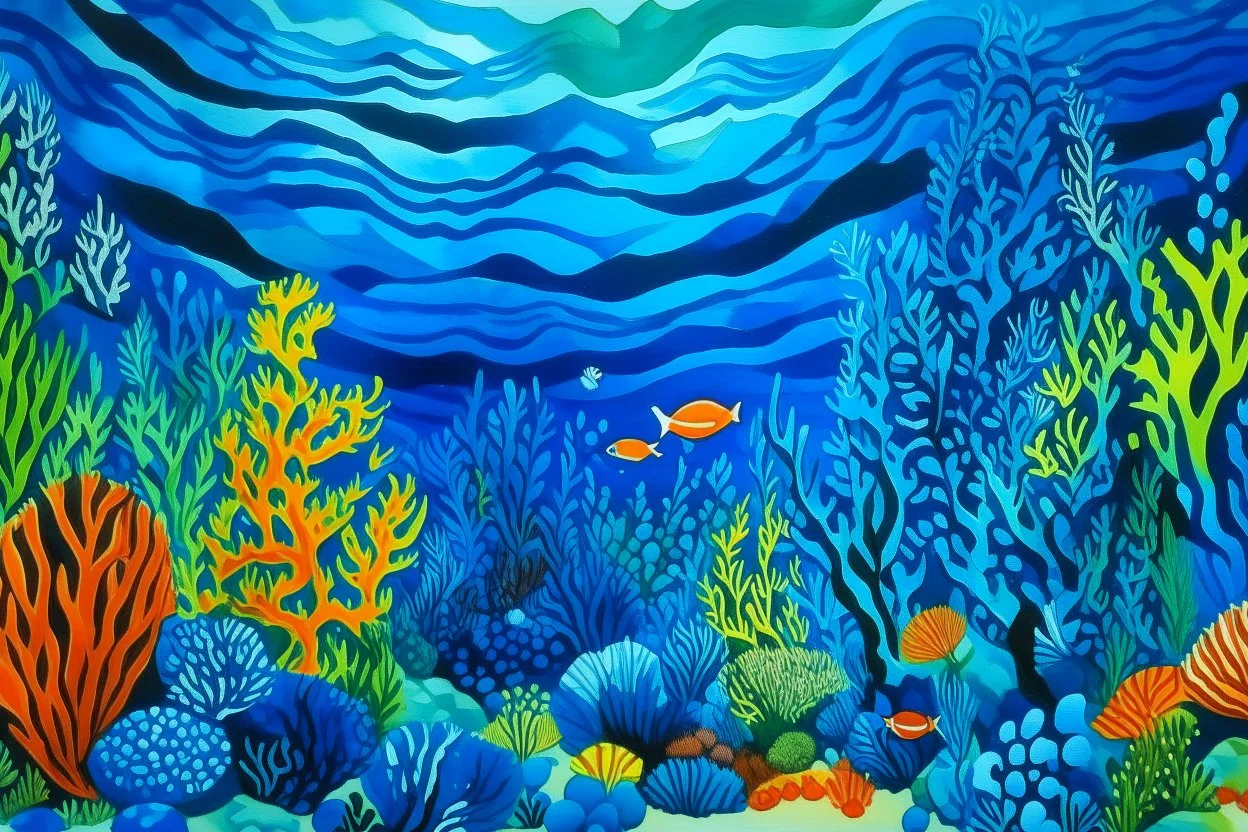 A blue underwater coral reef designed in Japanese origami painted by Alexej von Jawlensky